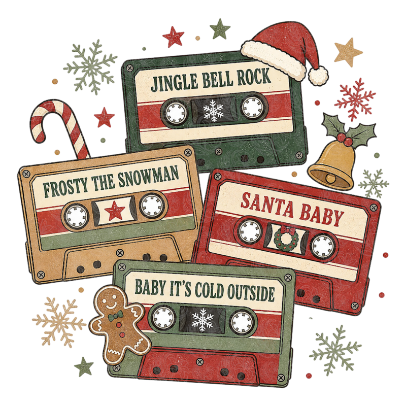 Vintage christmas cassette tapes featuring Jingle Bell Rock, Frosty the Snowman, Santa Baby, Baby It's Cold Outside, Grey Barn Handwerk, Saskatchewan.